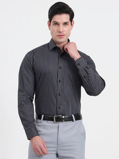 Black & Grey Striped Regular Fit Formal Shirt | JadeBlue