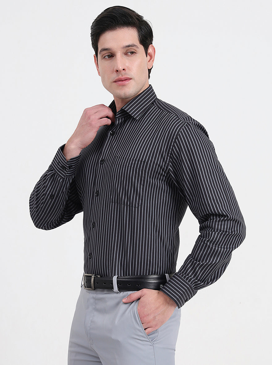 Black & Grey Striped Regular Fit Formal Shirt | JadeBlue