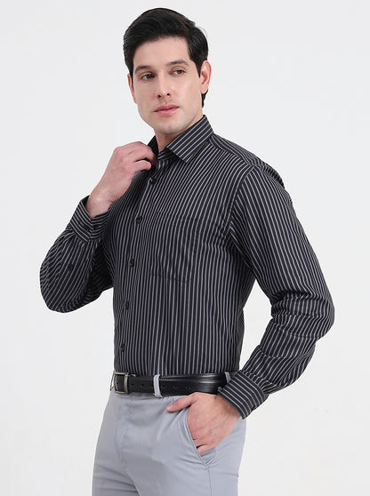 Black & Grey Striped Regular Fit Formal Shirt | JadeBlue