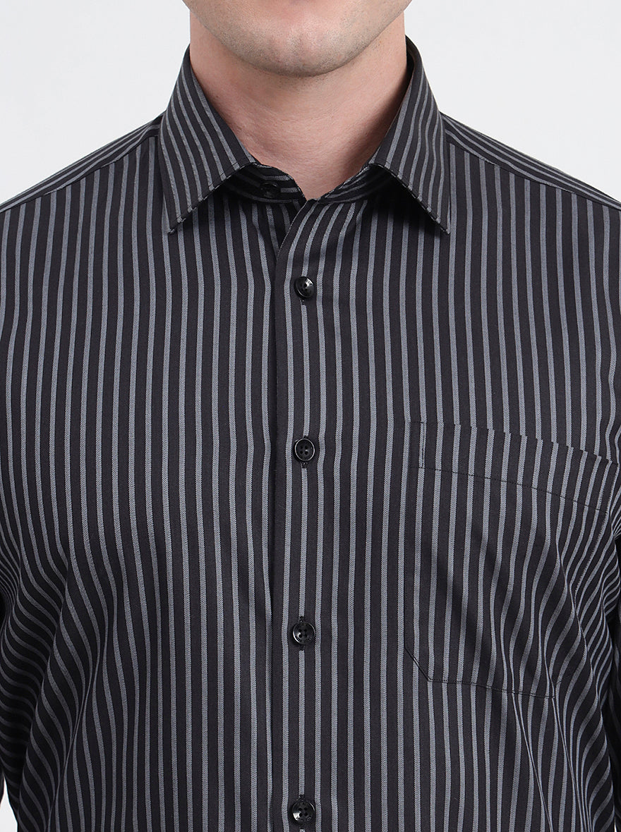 Black & Grey Striped Regular Fit Formal Shirt | JadeBlue