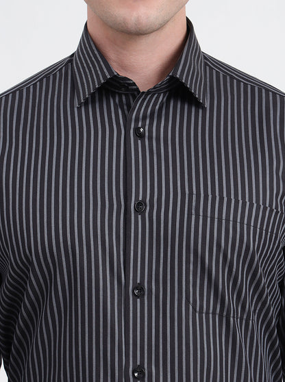 Black & Grey Striped Regular Fit Formal Shirt | JadeBlue