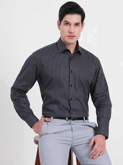 Black & Grey Striped Regular Fit Formal Shirt | JadeBlue