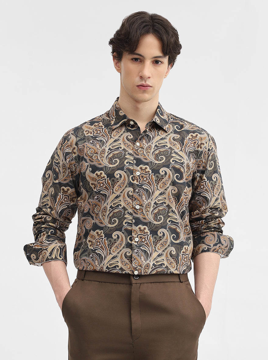 Brown Printed Slim Fit Casual Shirt | JadeBlue