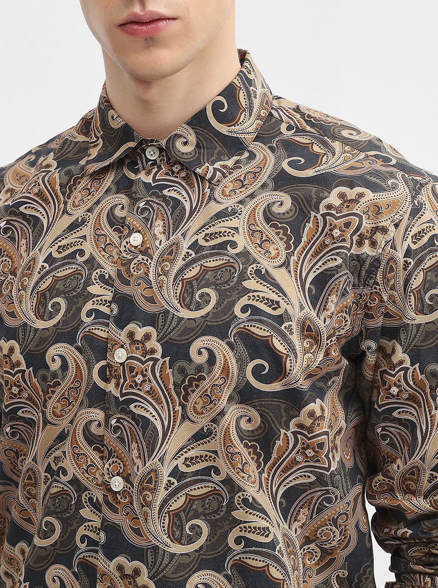 Brown Printed Slim Fit Casual Shirt | JadeBlue