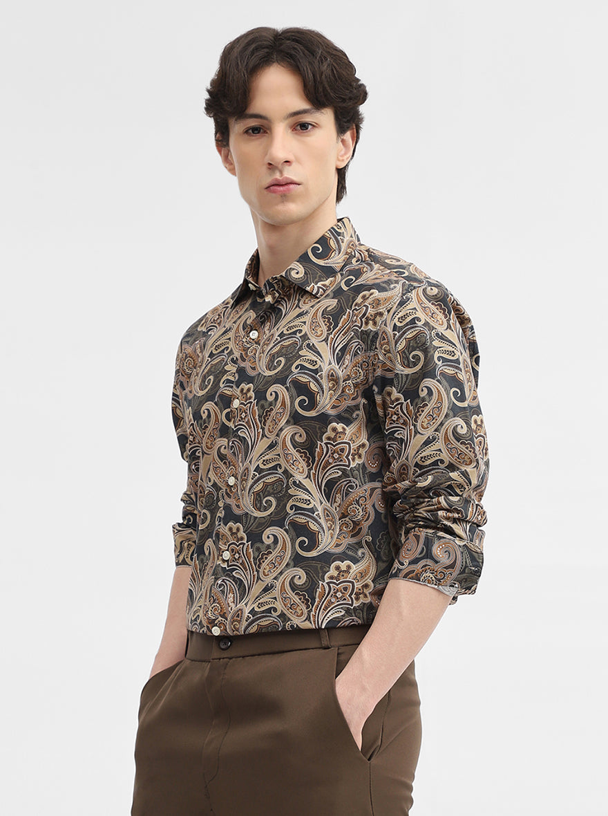 Brown Printed Slim Fit Casual Shirt | JadeBlue