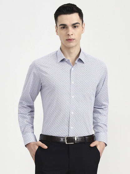 Blue & White Printed Regular Fit Formal Shirt | JadeBlue