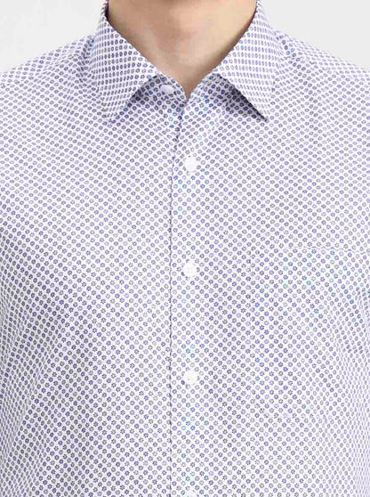 Blue & White Printed Regular Fit Formal Shirt | JadeBlue