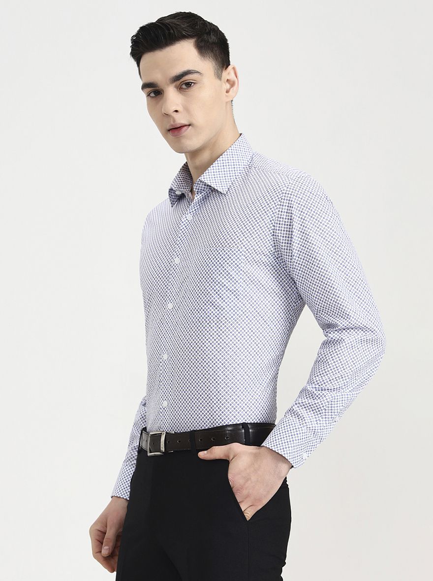 Blue & White Printed Regular Fit Formal Shirt | JadeBlue