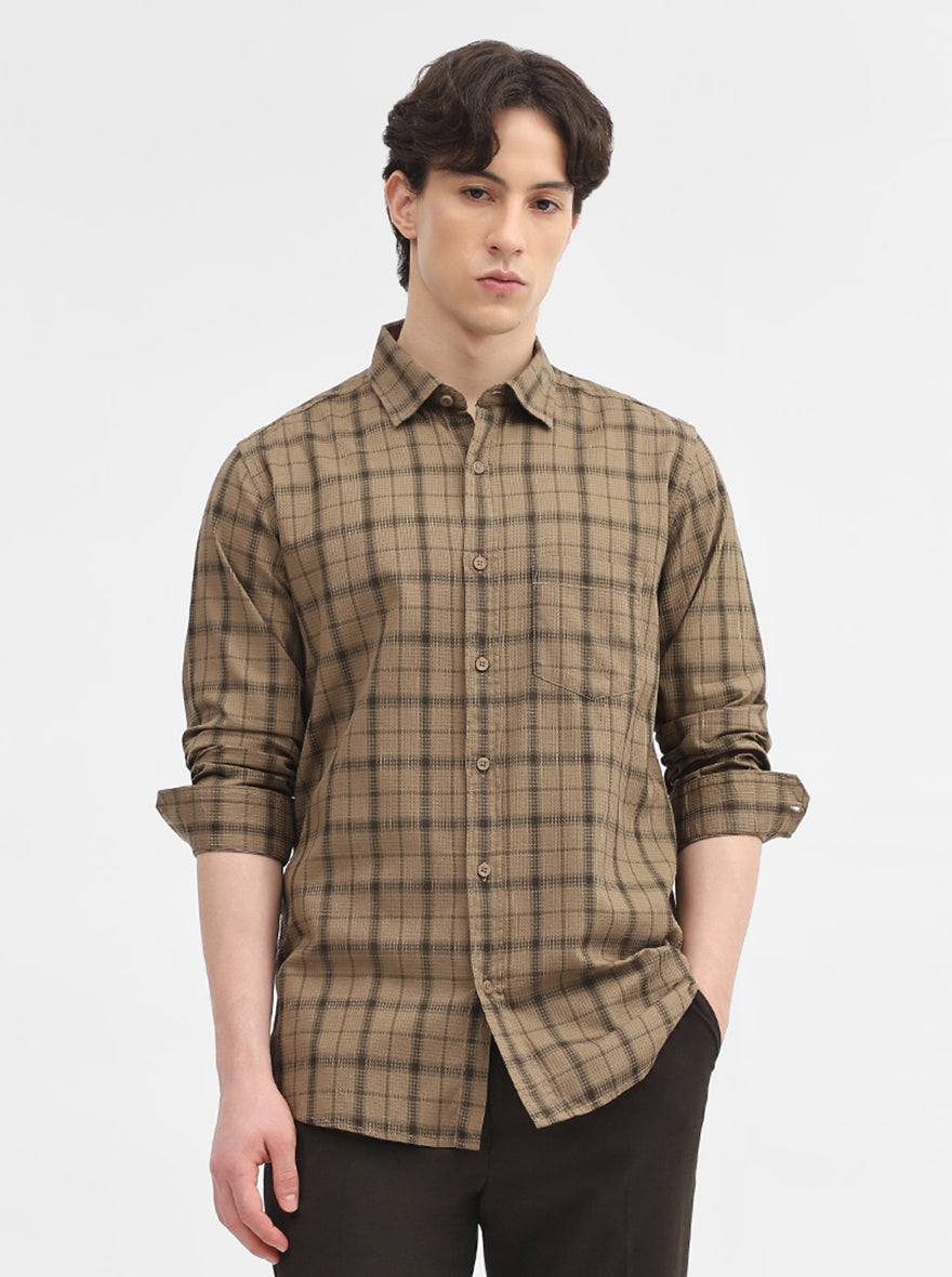 Khaki Checked Slim Fit Casual Shirt | JadeBlue