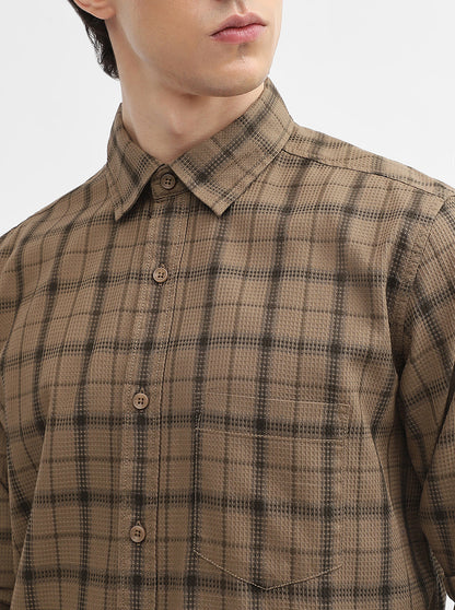 Khaki Checked Slim Fit Casual Shirt | JadeBlue