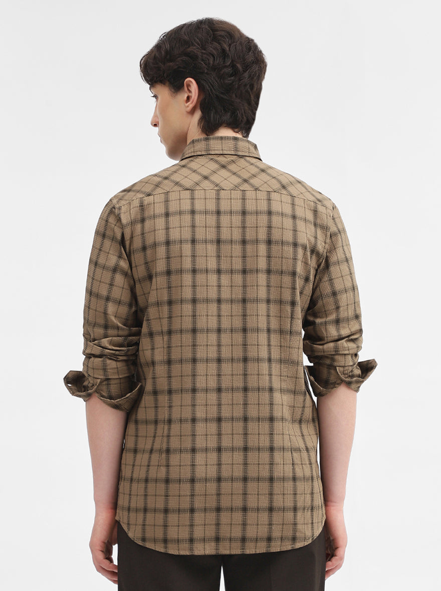 Khaki Checked Slim Fit Casual Shirt | JadeBlue