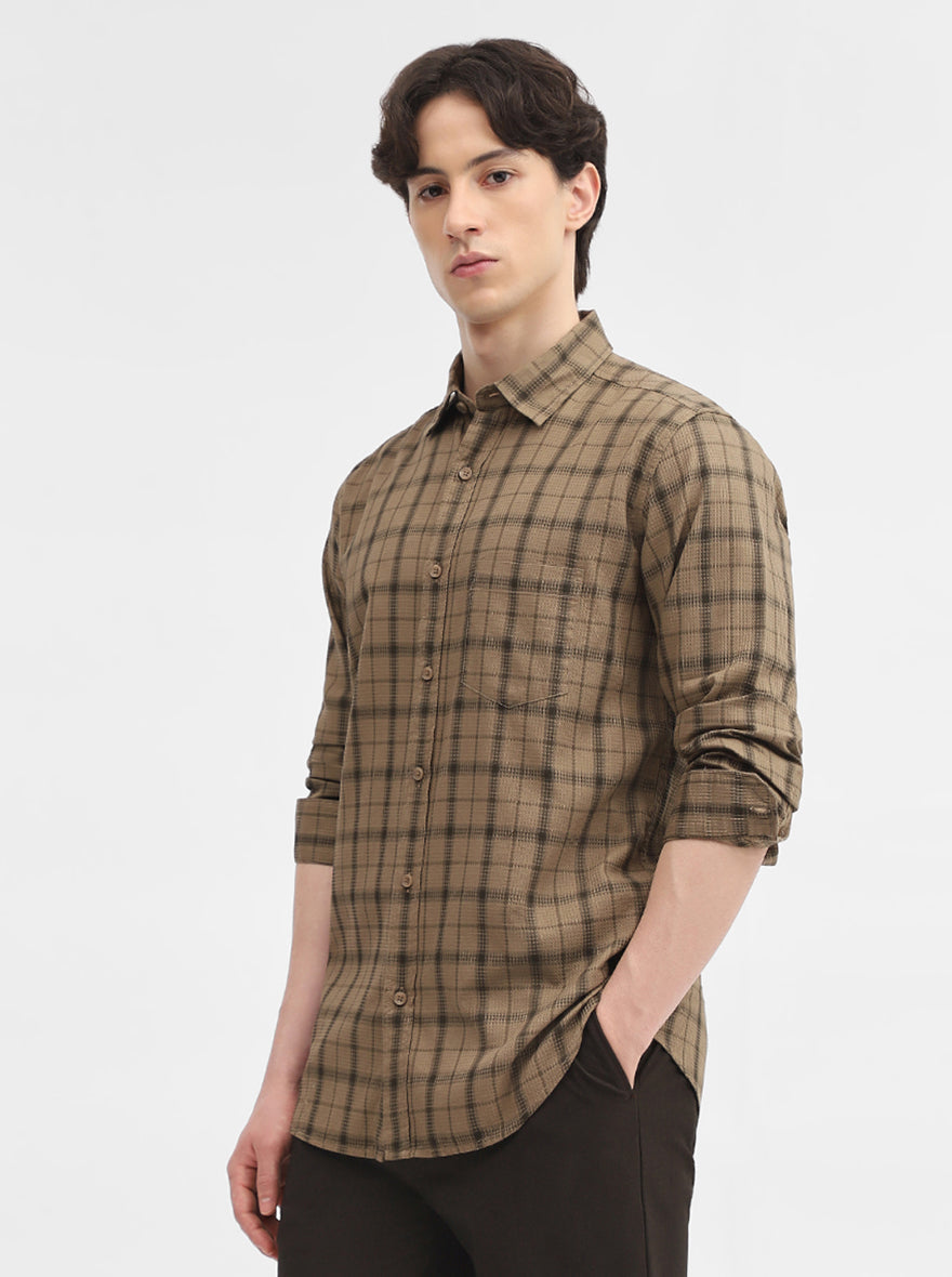 Khaki Checked Slim Fit Casual Shirt | JadeBlue