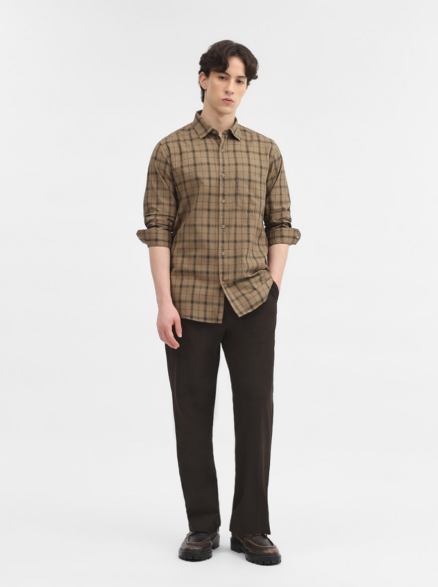 Khaki Checked Slim Fit Casual Shirt | JadeBlue