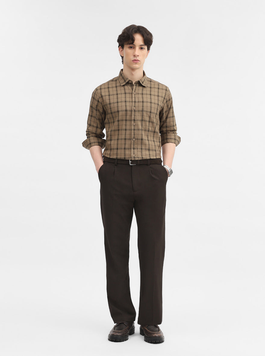 Khaki Checked Slim Fit Casual Shirt | JadeBlue