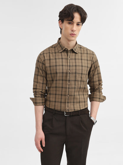 Khaki Checked Slim Fit Casual Shirt | JadeBlue