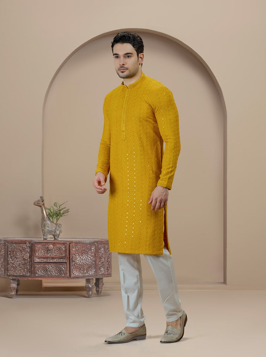 Yellow Embroidered Kurta Pajama | Azania
