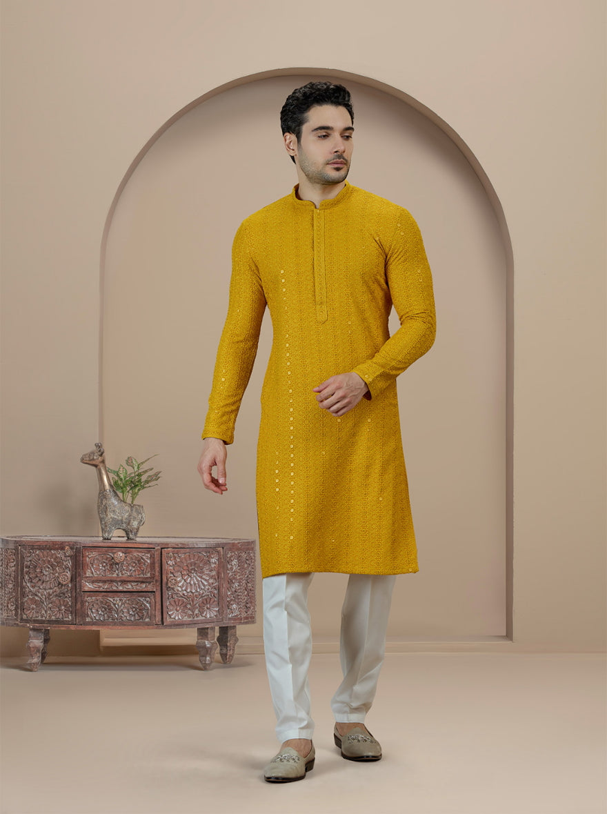 Yellow Embroidered Kurta Pajama | Azania