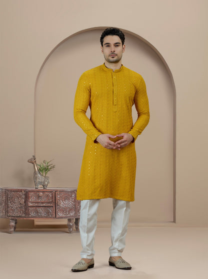 Yellow Embroidered Kurta Pajama | Azania