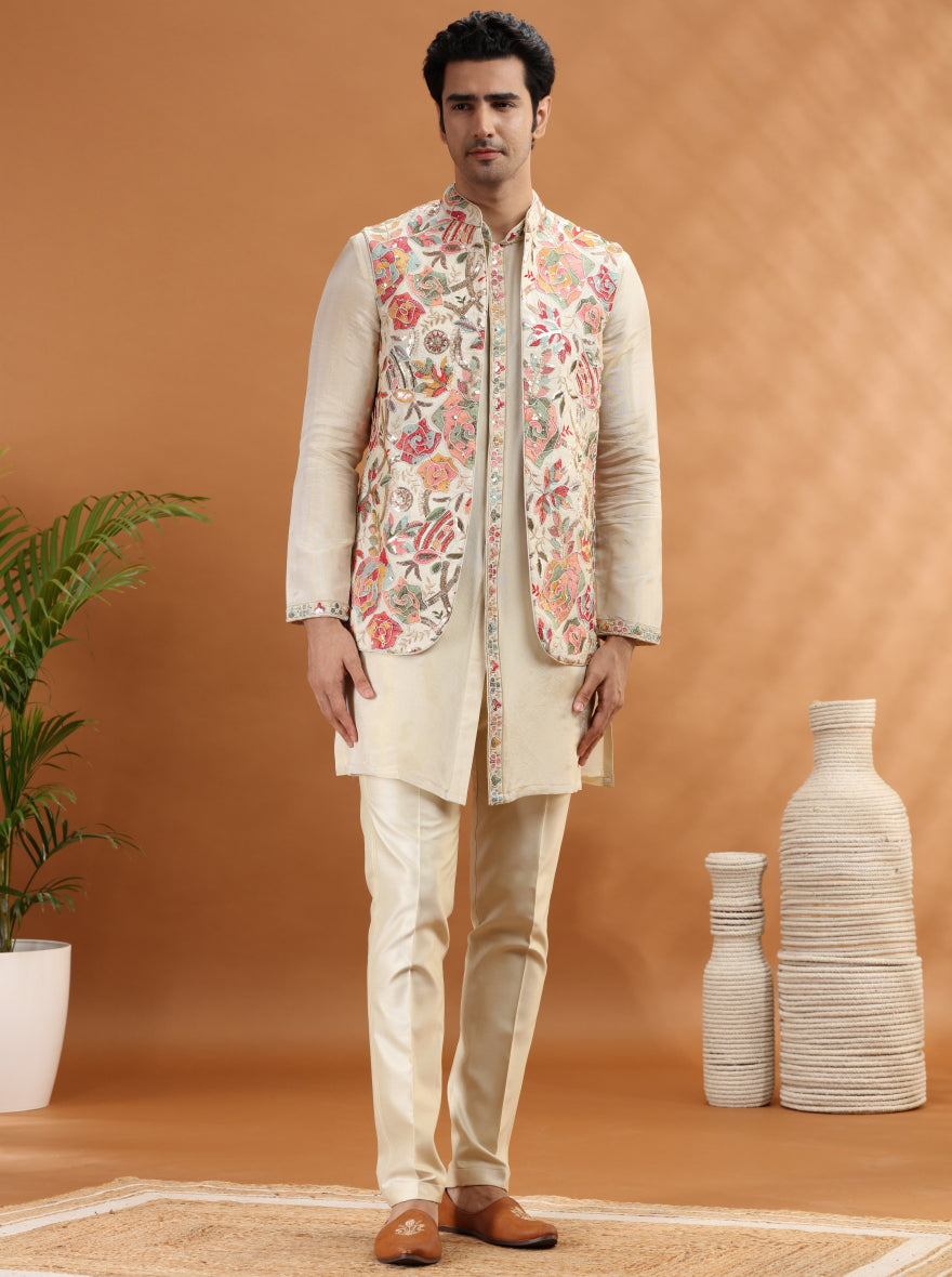 Beige Embroidered Kurta Pajama with Koti | TULA