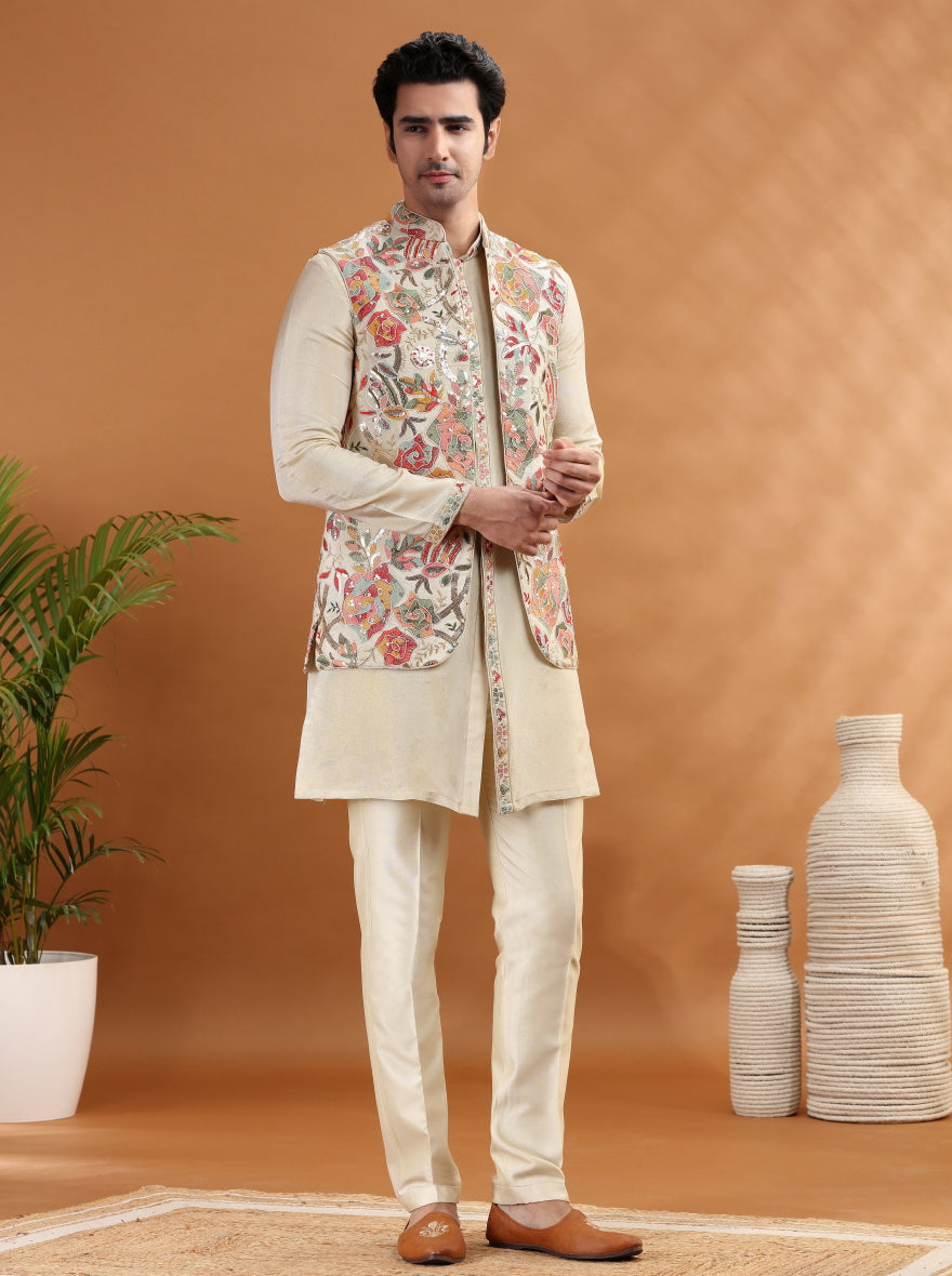 Beige Embroidered Kurta Pajama with Koti | TULA