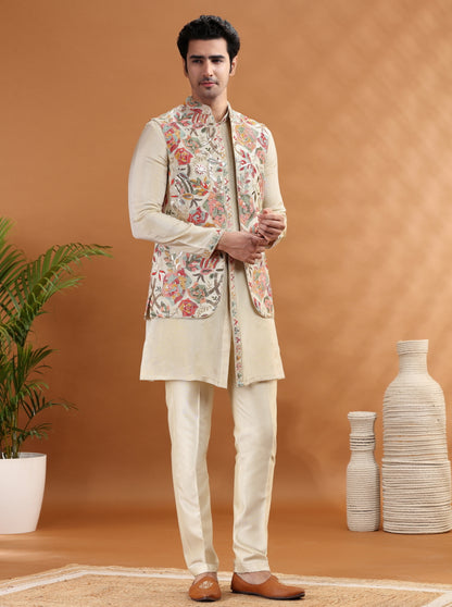 Beige Embroidered Kurta Pajama with Koti | TULA
