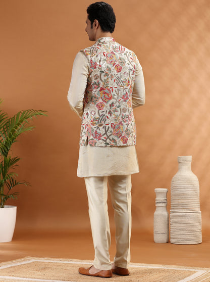 Beige Embroidered Kurta Pajama with Koti | TULA