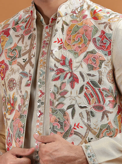Beige Embroidered Kurta Pajama with Koti | TULA