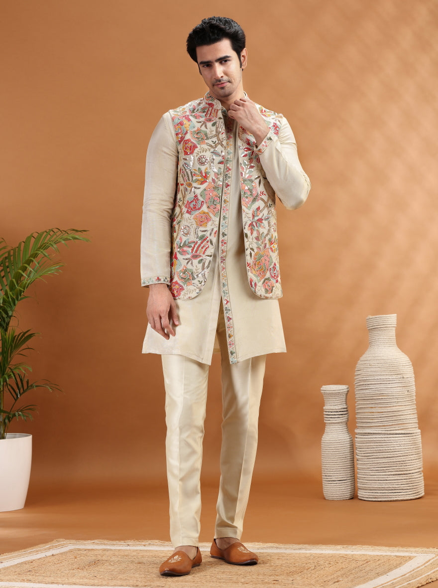 Beige Embroidered Kurta Pajama with Koti | TULA