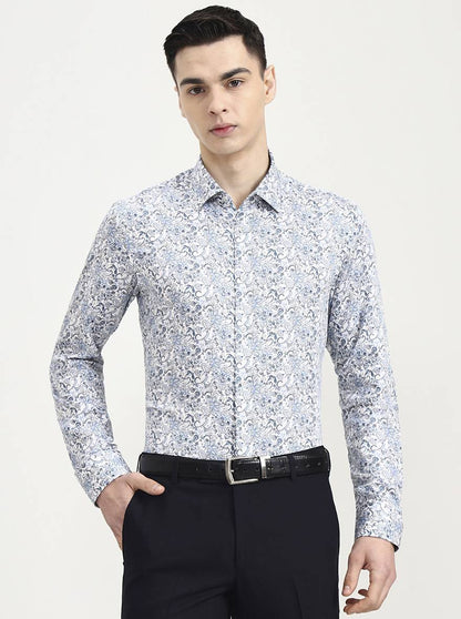 Blue & White Printed Slim Fit Party Wear Shirt | Wyre