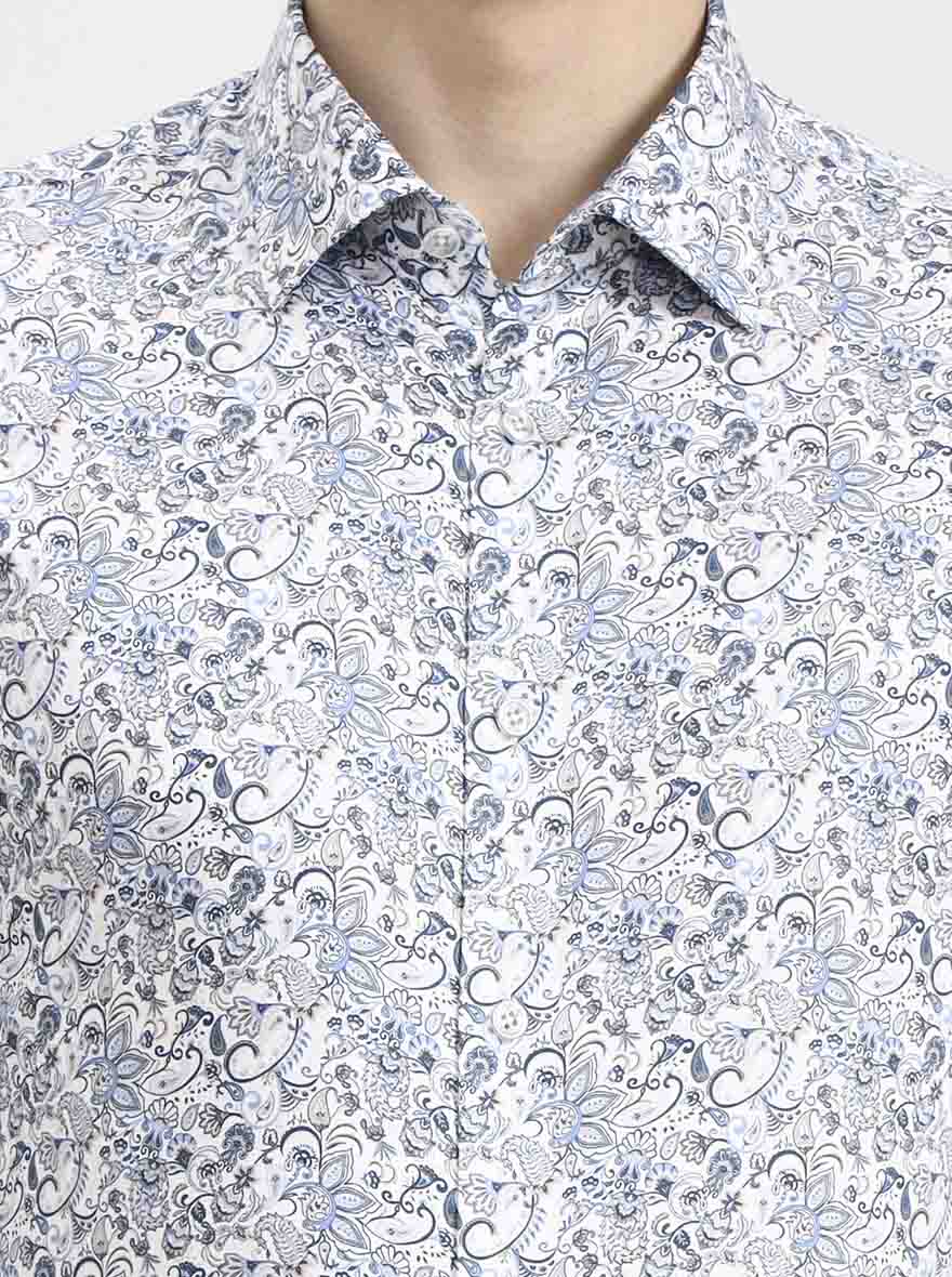 Blue & White Printed Slim Fit Party Wear Shirt | Wyre