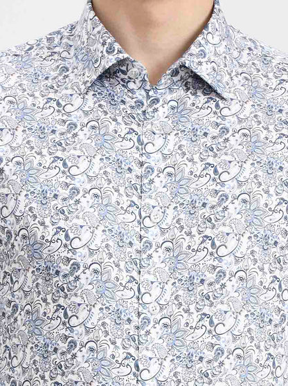 Blue & White Printed Slim Fit Party Wear Shirt | Wyre