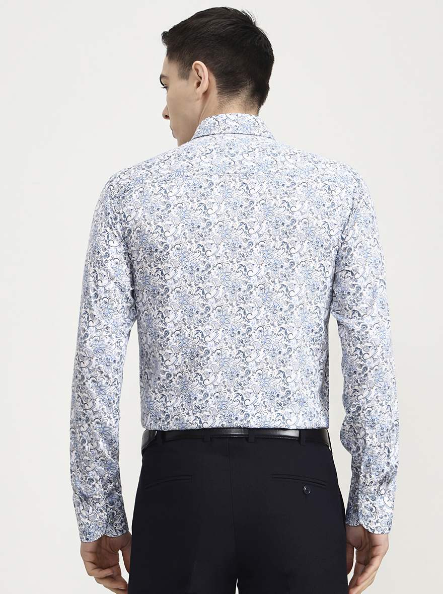Blue & White Printed Slim Fit Party Wear Shirt | Wyre