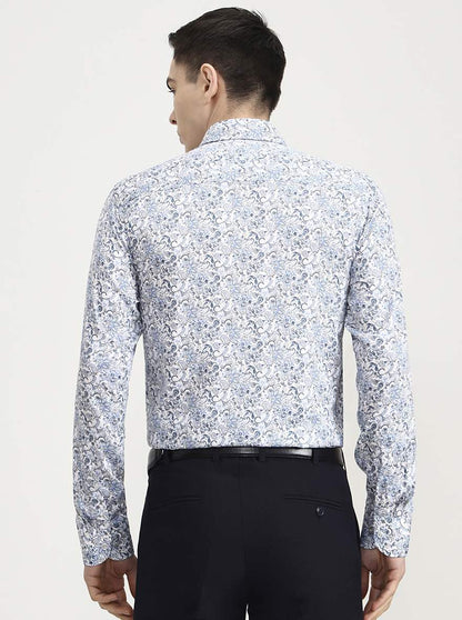 Blue & White Printed Slim Fit Party Wear Shirt | Wyre