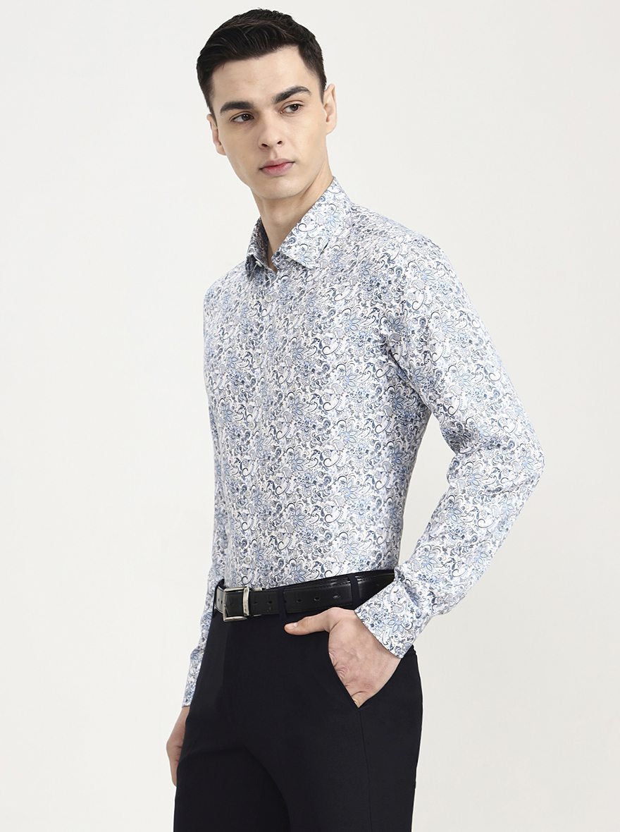 Blue & White Printed Slim Fit Party Wear Shirt | Wyre
