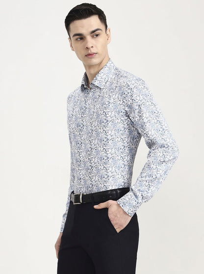 Blue & White Printed Slim Fit Party Wear Shirt | Wyre