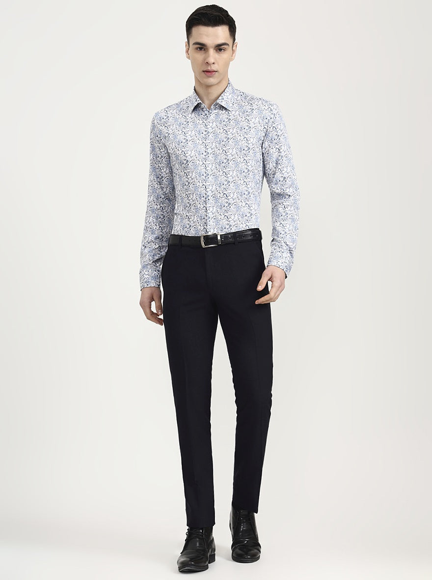 Blue & White Printed Slim Fit Party Wear Shirt | Wyre