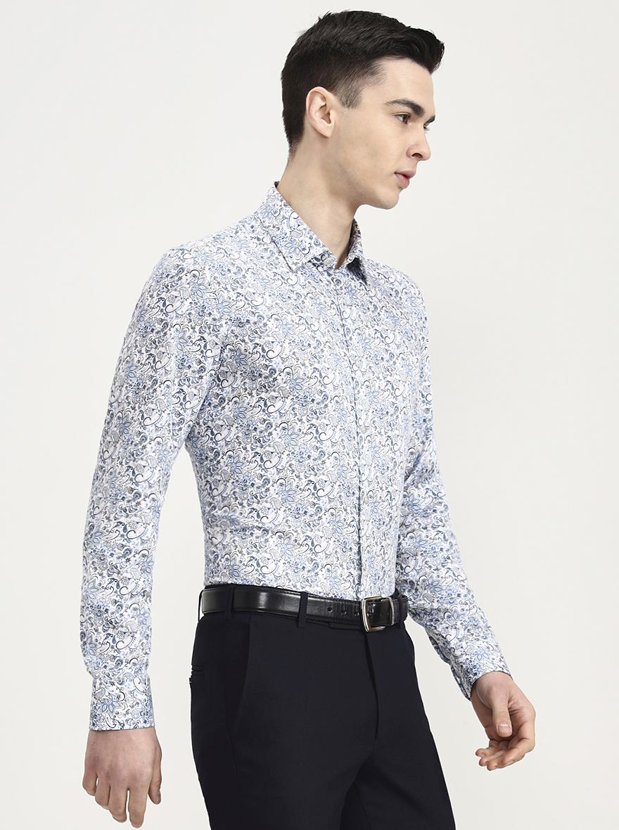 Blue & White Printed Slim Fit Party Wear Shirt | Wyre