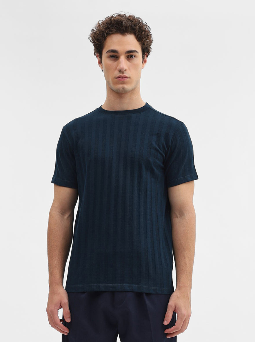 Navy Blue Striped Slim Fit T-Shirt | JadeBlue