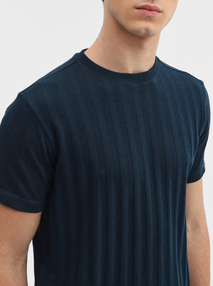 Navy Blue Striped Slim Fit T-Shirt | JadeBlue