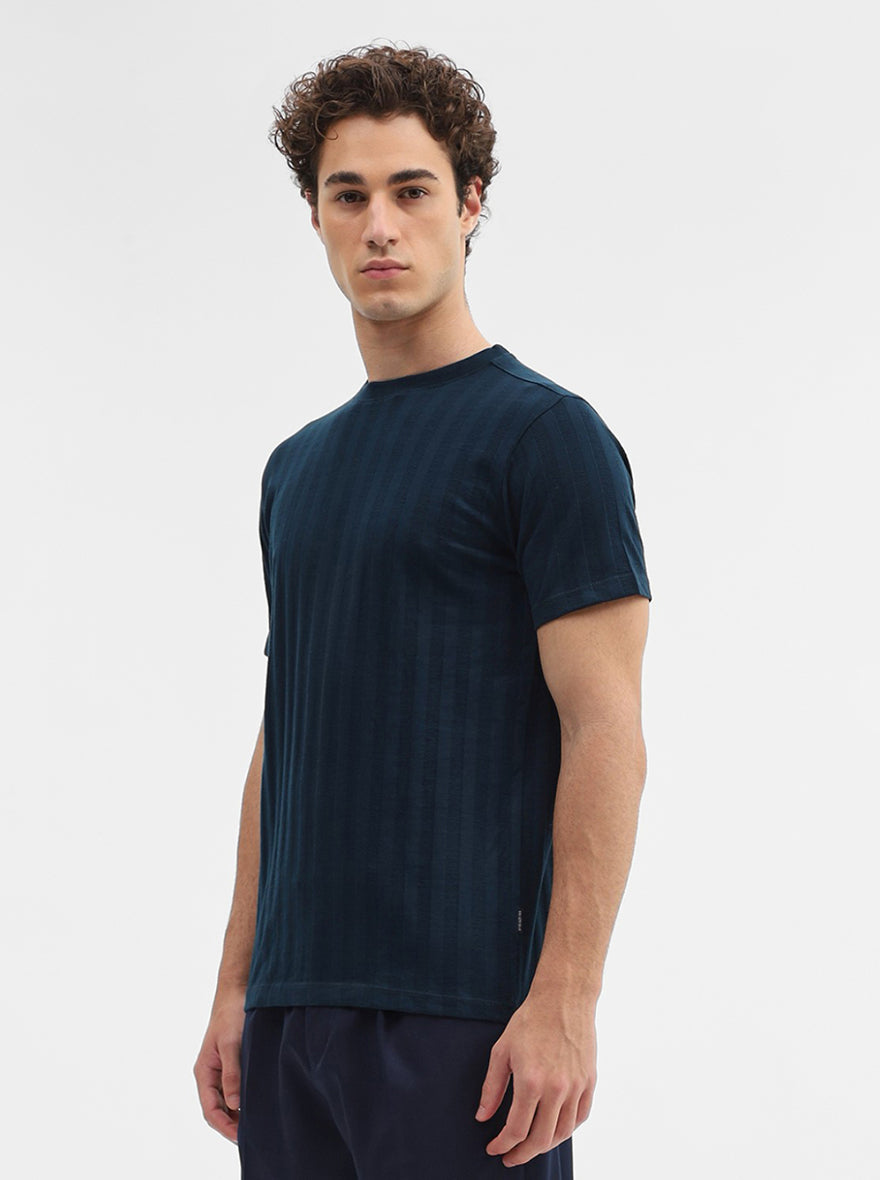 Navy Blue Striped Slim Fit T-Shirt | JadeBlue
