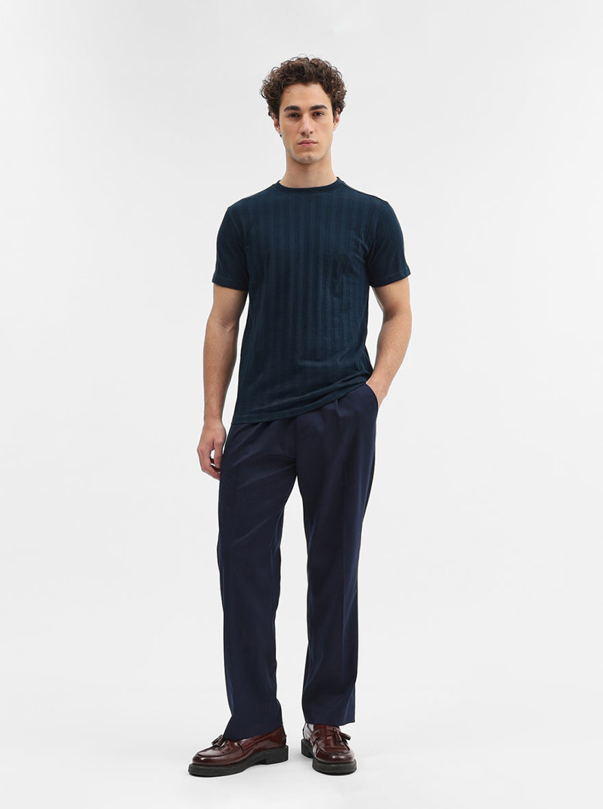 Navy Blue Striped Slim Fit T-Shirt | JadeBlue