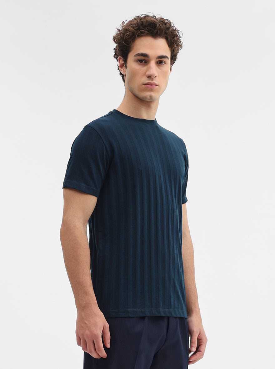 Navy Blue Striped Slim Fit T-Shirt | JadeBlue