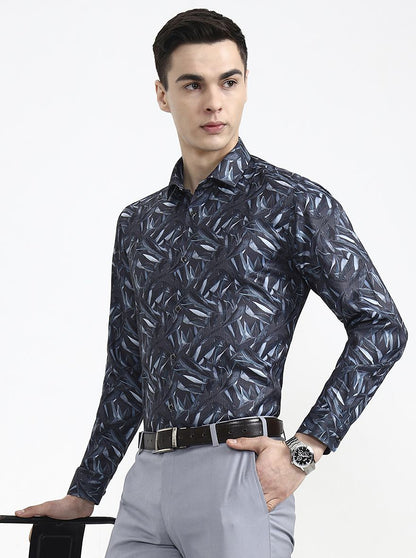 Grey Printed Slim Fit Formal Shirt | Greenfibre