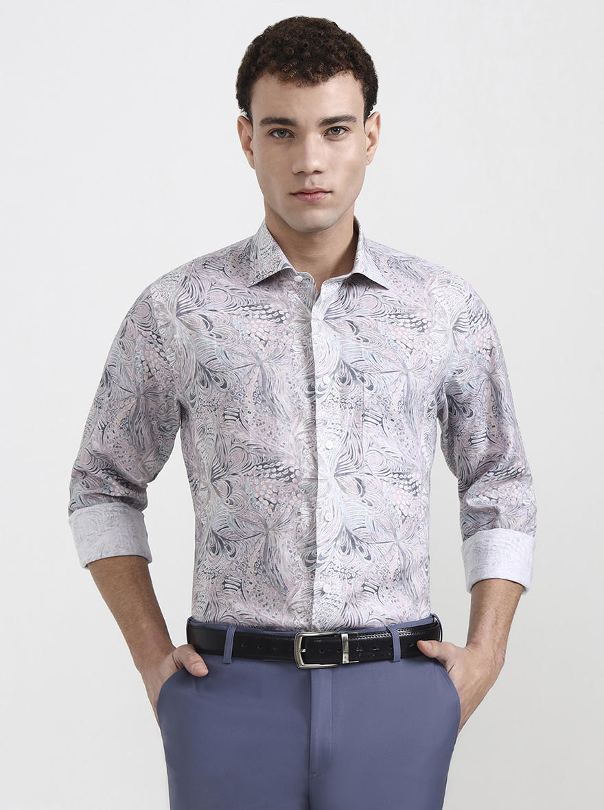 Pink & Grey Printed Slim Fit Formal Shirt | JadeBlue