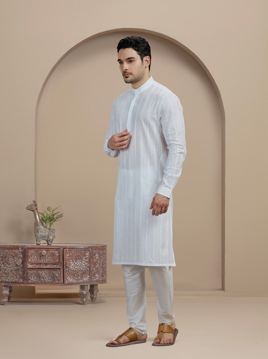 White Self Textured Kurta | The Kurta Company