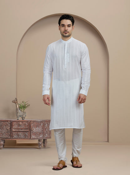 White Self Textured Kurta | The Kurta Company