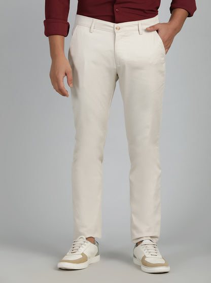 Cream Solid Super Slim Fit Casual Trouser | Greenfibre