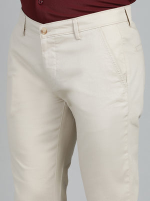 Cream Solid Super Slim Fit Casual Trouser | Greenfibre