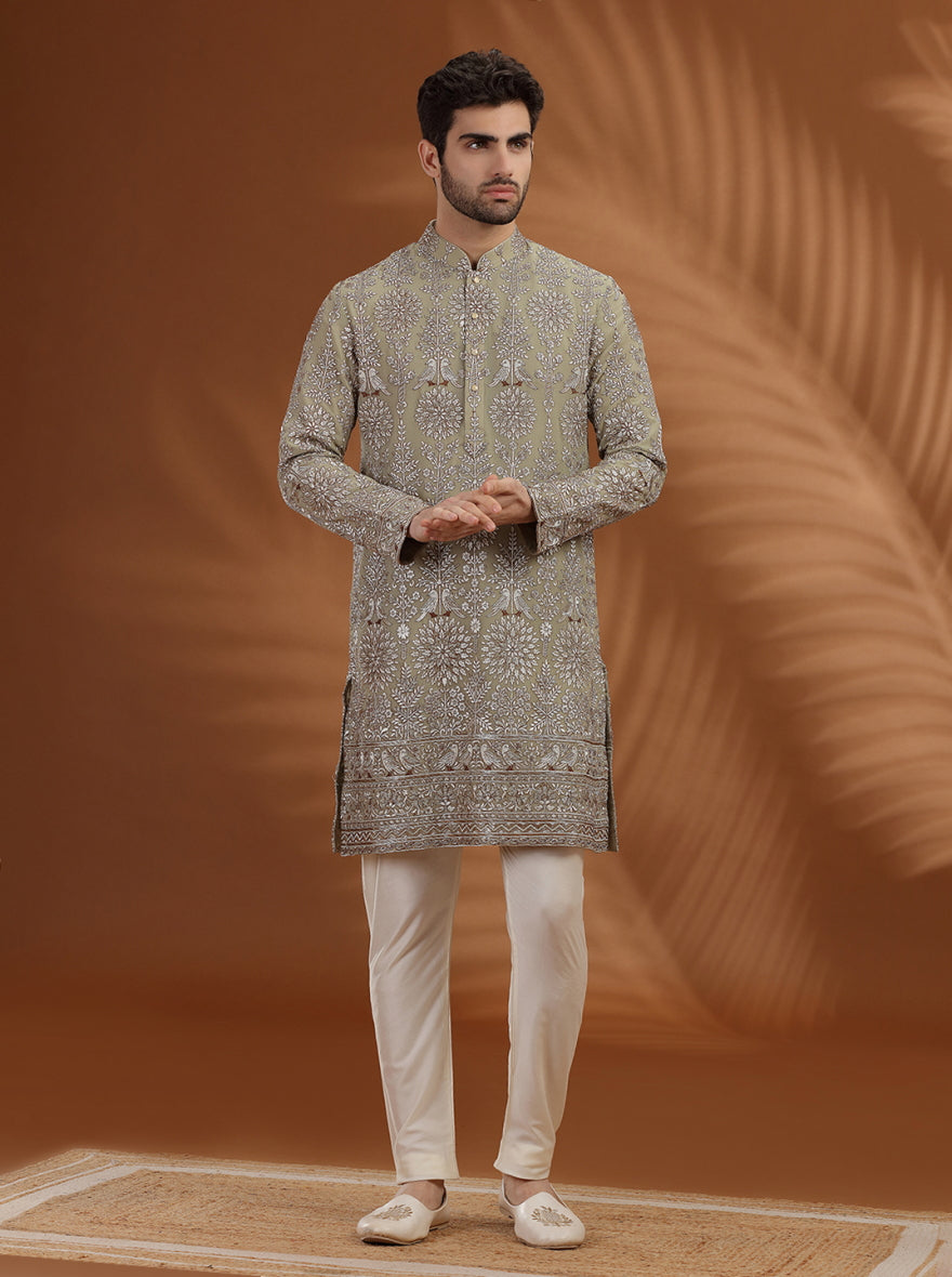 Sage Green Embroidered  Kurta Pajama | TULA