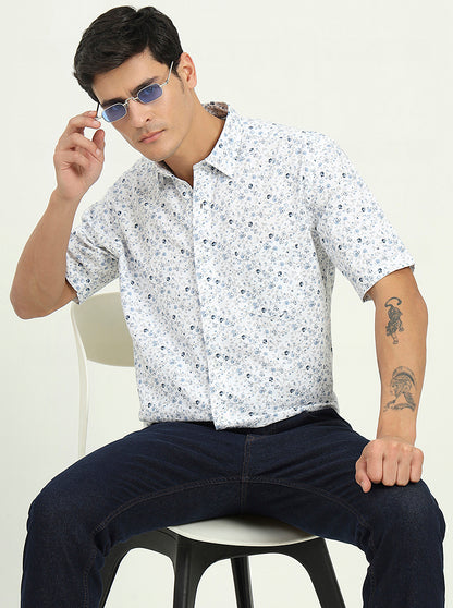 Blue Printed Slim Fit Semi Casual Shirt | Greenfibre